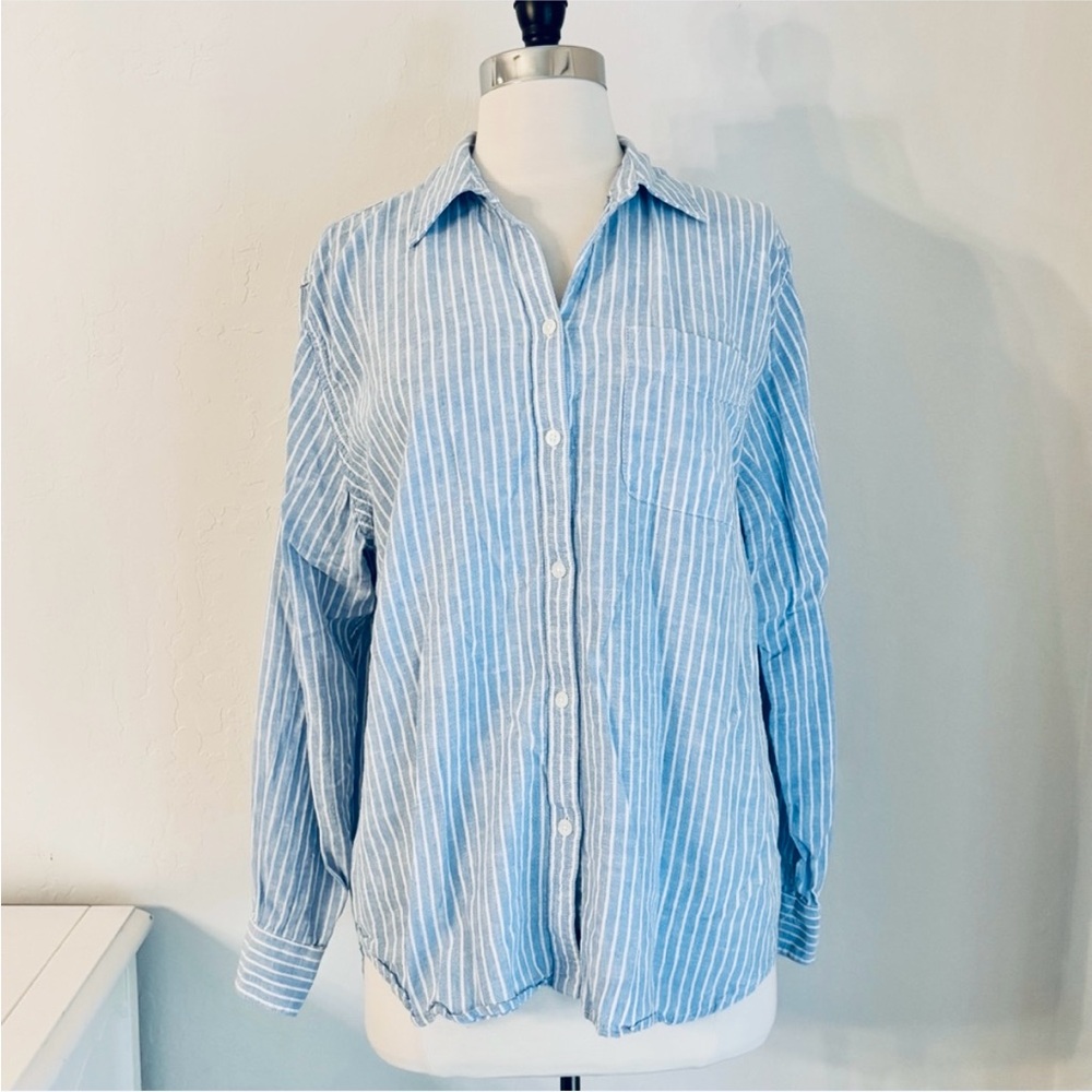 Chaps Linen Blend Button Up Shirt Blue White Stripe Hi Lo Hem, XL